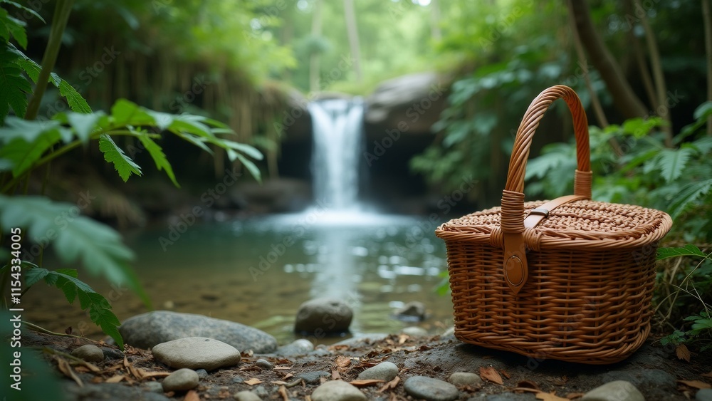 Poster the image shows a small wicker basket with a handle on the right side, placed on the ground in front
