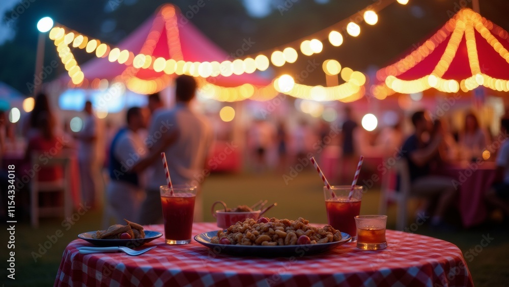Poster the image shows a table set up at an outdoor event with a red and white checkered tablecloth. on the