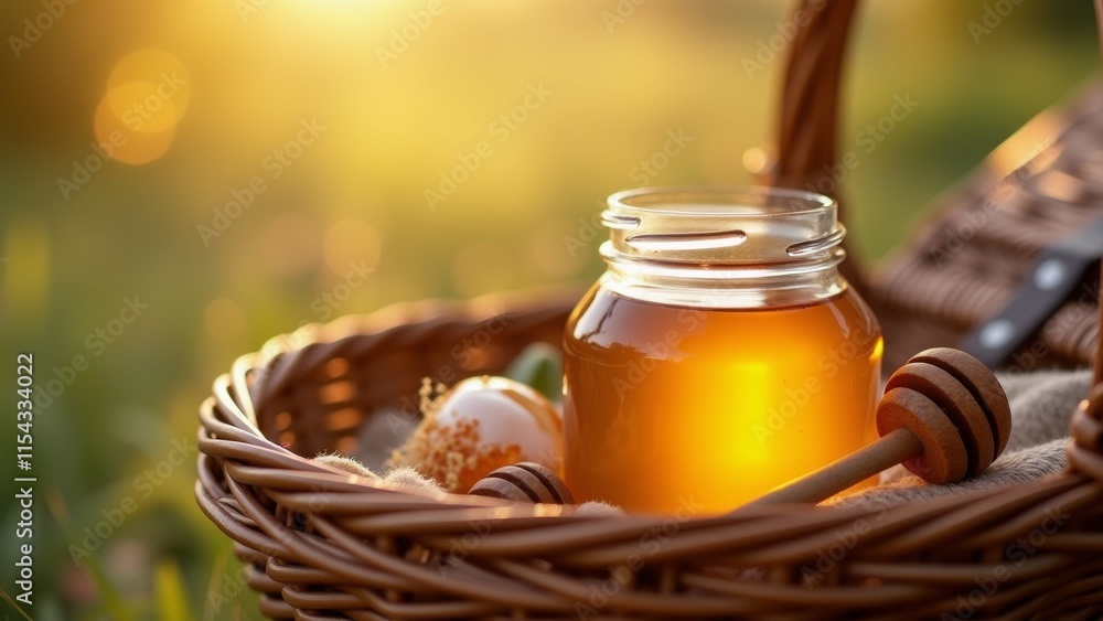 Poster the image shows a small glass jar of honey with a wooden dipper resting on top of it. the jar is pla