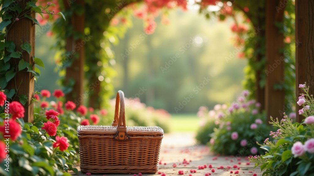 Poster the image shows a wicker basket with a handle on the right side of the image. the basket is placed o
