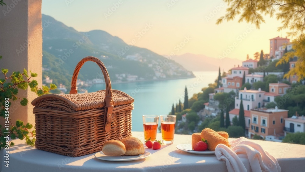 Poster the image shows a table with a picnic basket and two glasses of orange juice on it. the table is cov