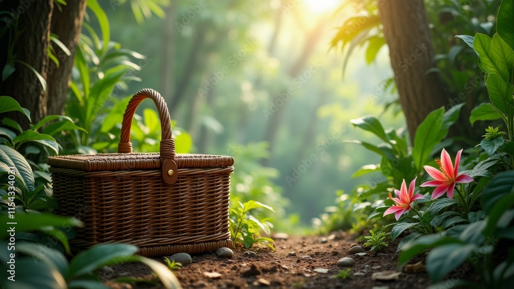 Poster the image shows a wicker basket with a handle and a lid, placed on the ground in a tropical garden. 