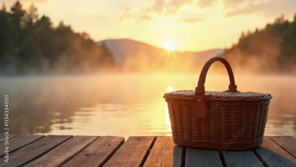 Poster the image shows a wicker basket on a wooden dock overlooking a lake. the basket is empty and has a h