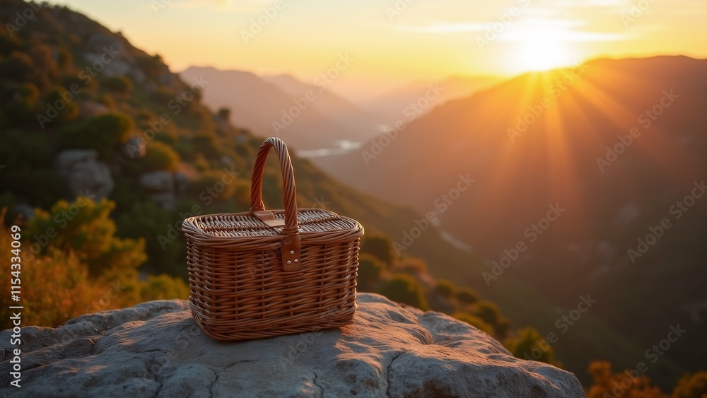 Poster the image shows a wicker picnic basket sitting on top of a large rock. the basket is empty and has a