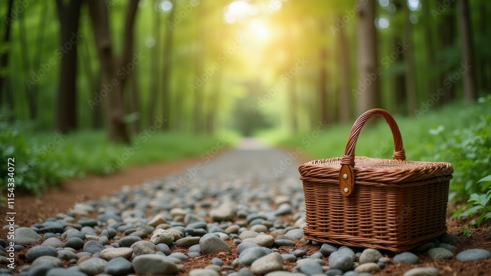 Poster the image shows a wicker picnic basket on a gravel path in a forest. the basket is made of wicker an