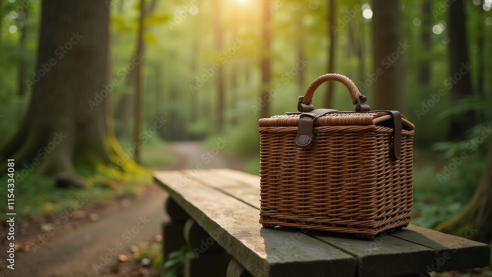 Poster the image shows a wicker picnic basket on a wooden bench in a forest. the basket is made of wicker a