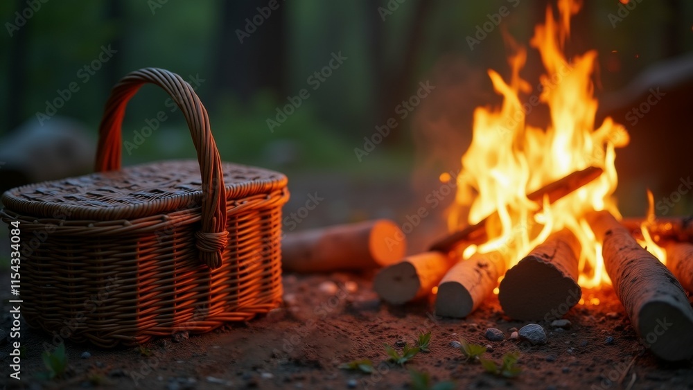 Poster the image shows a wicker picnic basket with a handle on the left side, placed on the ground next to 
