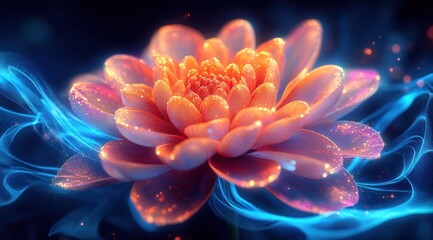 Glowing orange flower with blue smoke.