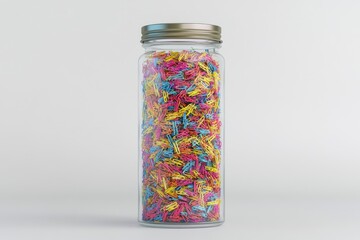 Colorful paper clips in a transparent jar, showcasing a vibrant mix of pink, yellow, and blue shades.