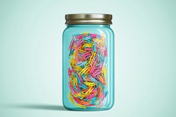 A colorful glass jar filled with vibrant paper clips, showcasing a playful and organized aesthetic.