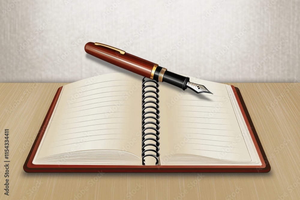 Aufkleber a wooden table holds an open notebook with a fountain pen resting on its pages.