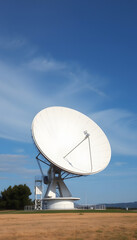 satellite dish radar antenna station in field. parabolic antennas. Big parabolic antenna against sky. Satellite dish at earth station with a sky, flat design, with white tones