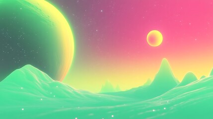 Fototapeta premium Vibrant Digital Painting: Dreamlike Alien Landscape with Pastel Planets. AI Generated