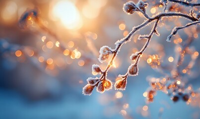 Hoarfrost-Laden Twigs Sparkling in the Sunlight with a Flare