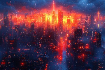 Illuminated skyscrapers at night urban cityscape digital art dramatic atmosphere aerial view futuristic concept