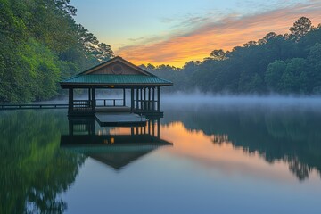 Fototapeta premium Serene lake pier at dawn foggy landscape nature photography tranquil environment captivating viewpoint