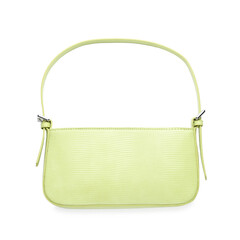 Elegant women baguette handbag isolated on white, top view