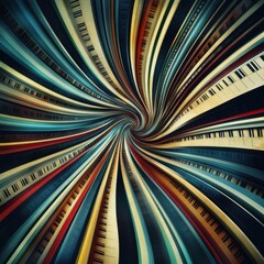 A vibrant swirl of piano keys in an abstract spiral design, creating a dynamic and artistic musical theme.