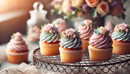 Elegant Cupcakes with Floral Buttercream and Vintage Decor