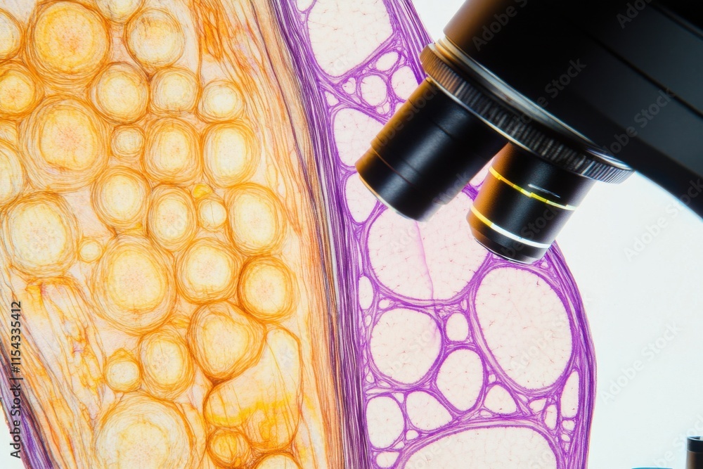 Poster close-up of a microscope focusing on colorful cellular structures, showcasing intricate patterns and