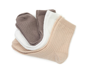 Pairs of soft socks isolated on white, top view