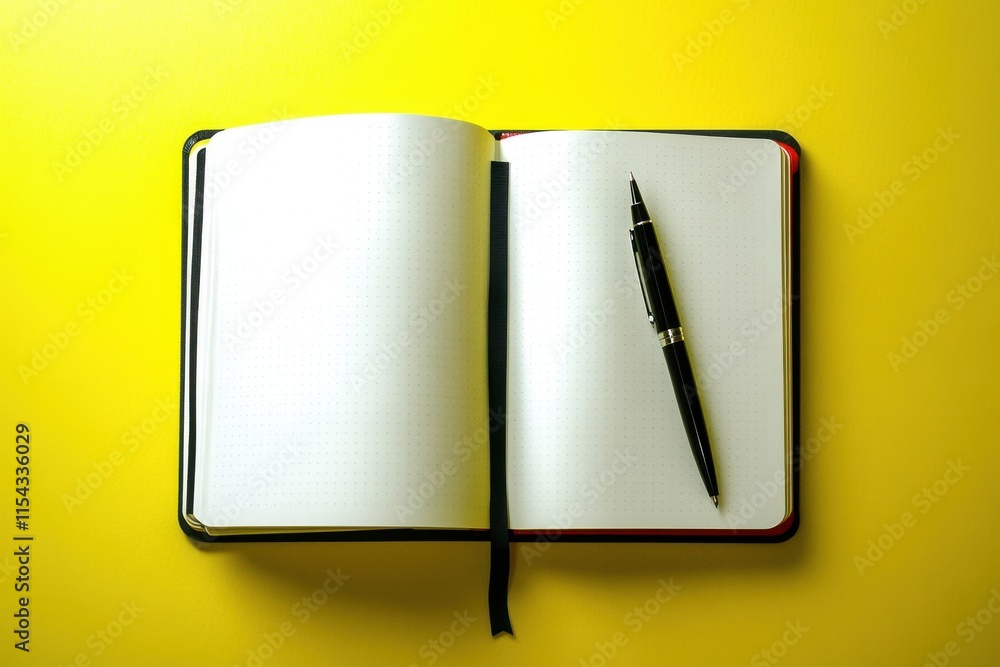 Poster an open notebook on a vibrant yellow background with a sleek pen resting on its pages.