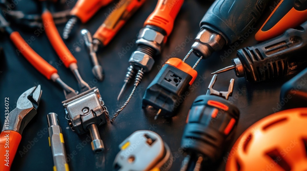 Poster an array of vibrant orange-handled tools on a dark surface, showcasing various hand and power tools 