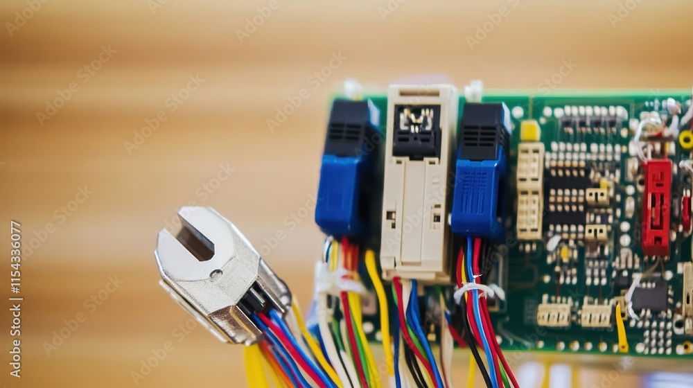 Poster a close-up of a circuit board with colorful wires and a wrench, showcasing intricate electronic comp