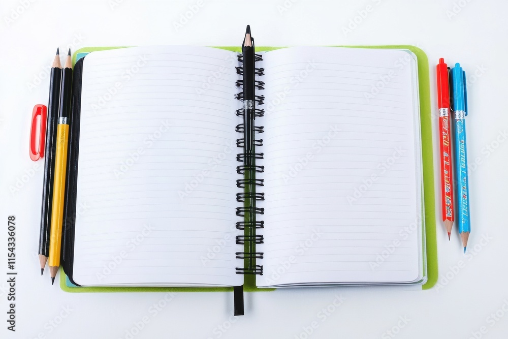 Poster an open notebook surrounded by colorful pens and pencils, perfect for organizing notes and creative 