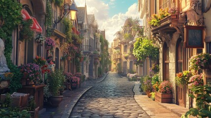 Obraz premium A picturesque cobblestone street lined with charming buildings, vibrant flowers, and a warm, sunny atmosphere.