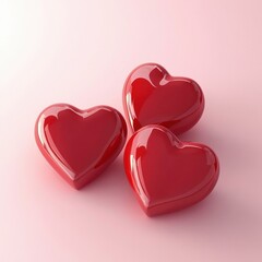 Three glossy red heart shapes on a soft pink backdrop, symbolizing love and affection.