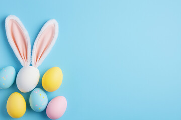 Easter Party Bunny Ears and Colorful Eggs on Pastel Blue Background Perfect for Holiday Celebrations