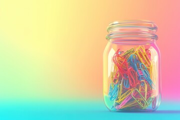 A colorful jar filled with an assortment of paper clips, set against a vibrant gradient background.