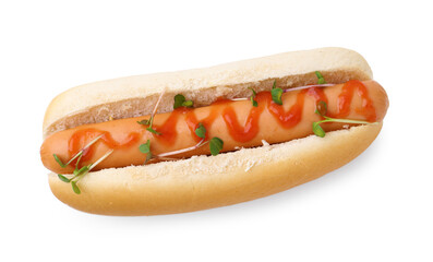 Tasty hot dog with ketchup and microgreens isolated on white, top view