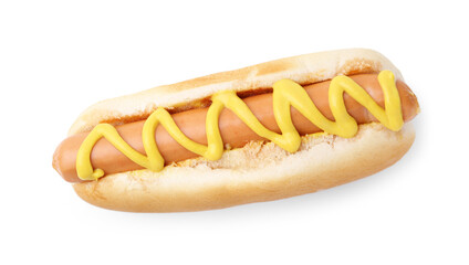 Tasty hot dog with mustard isolated on white, top view