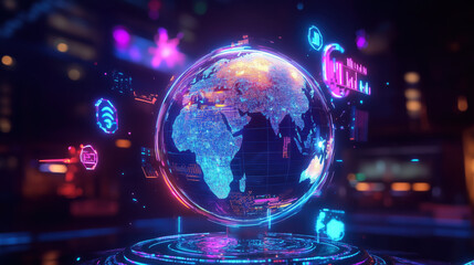 Glowing Futuristic 3D Globe with Holographic Continents and Augmented Reality Data Points