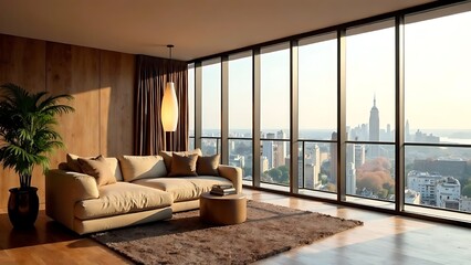 Fototapeta premium Modern apartment, panoramic windows, mocha mouse color 