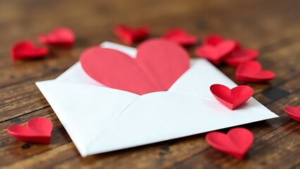 Fototapeta premium A mockup . There is a white envelope on the table, from which a letter with a red heart sticks out, Valentine's Day.