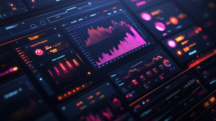 Obraz premium Abstract digital dashboard displaying data visualizations and analytics.