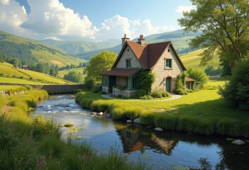 Obraz premium A Charming Cottage Retreat Amidst Rolling Hills and a Babbling Brook