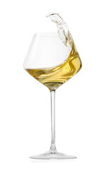 Tasty wine splashing in glass on white background