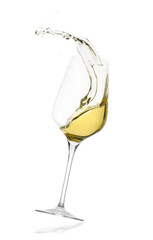 Tasty wine splashing in glass on white background