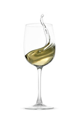 Tasty wine splashing in glass on white background