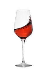 Rose wine splashing in glass on white background