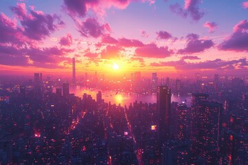 Fototapeta premium Twilight urban glow towering skyscrapers over a cityscape vibrant sunset high fidelity aerial view modern concept