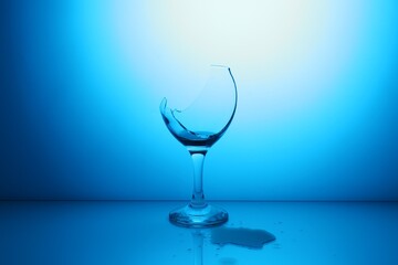Broken glass with spilled wine against light blue gradient background
