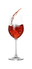 Tasty wine splashing in glass on white background