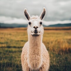 Obraz premium Close-Up View of a White Llama in a Scenic Pasture Landscape