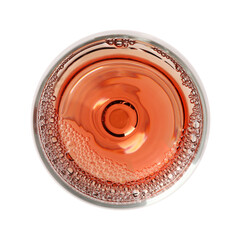 Rose wine in glass isolated on white, top view