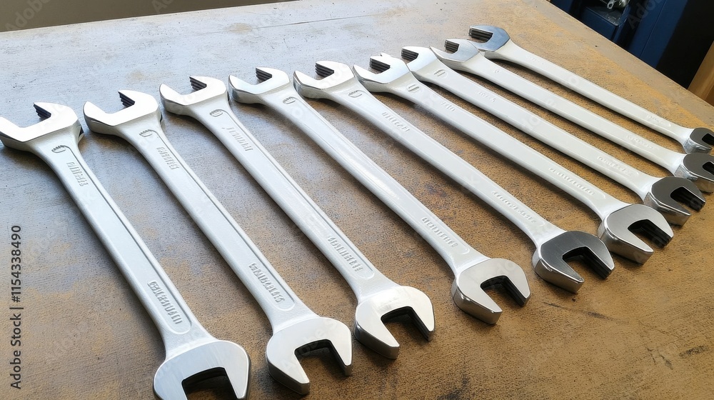 Poster a neatly arranged set of metallic open-end wrenches on a wooden workbench.